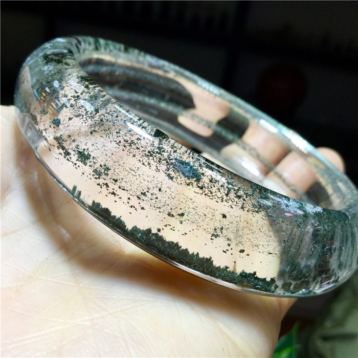 东海水晶 天然千层绿幽灵手镯 大孔手镯 62mm