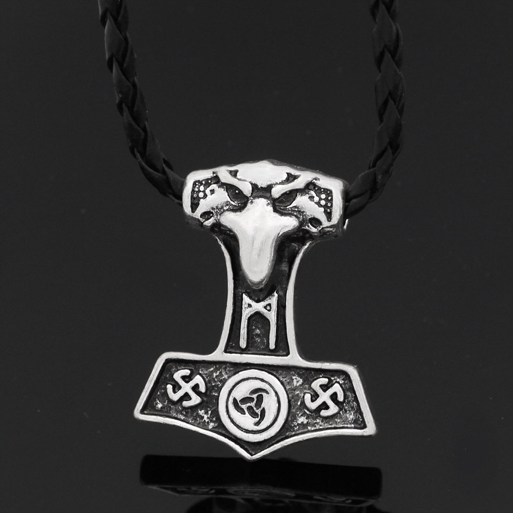 爆款北欧雷神之锤子男士吊坠维京符文奥丁标志鲁纳文羊头锤子项链