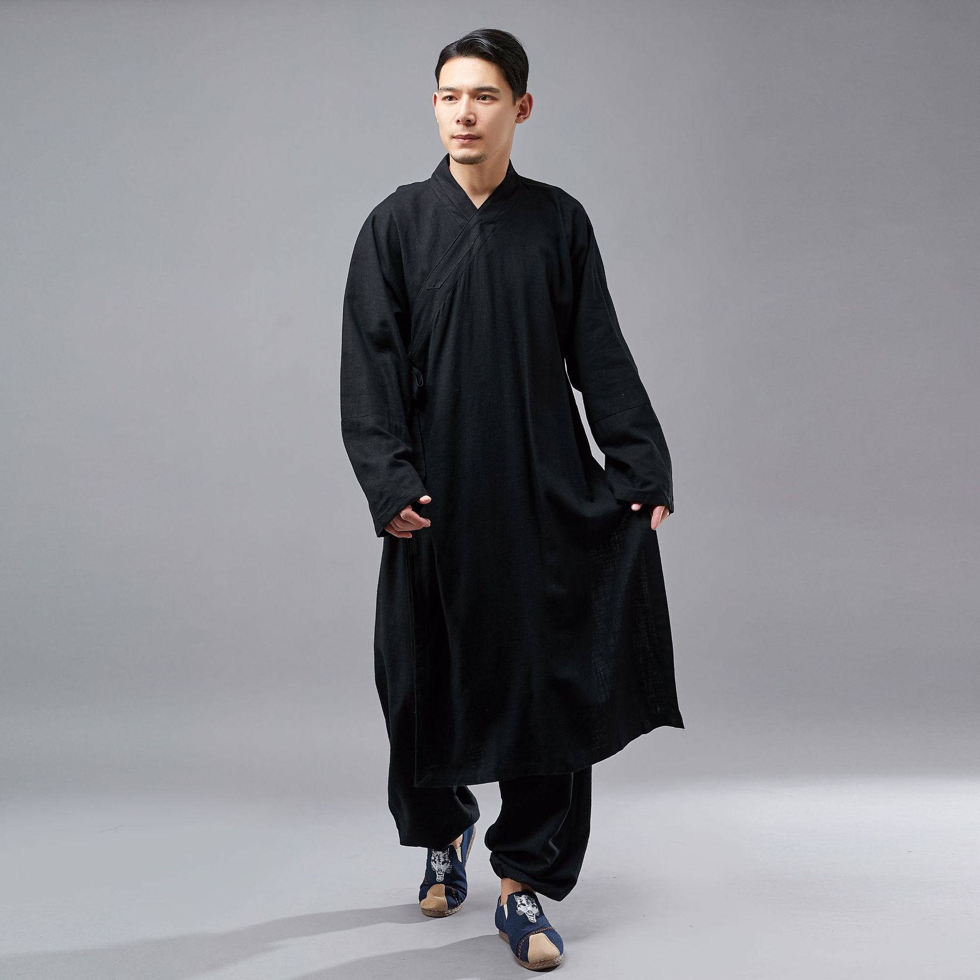 2022秋季休闲长衫男民国唐装 中国风斜襟长衫 亚麻棉布衣国风长袍