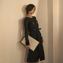 设计师女装 秋冬收腰系带无袖连衣裙黑色背心裙
