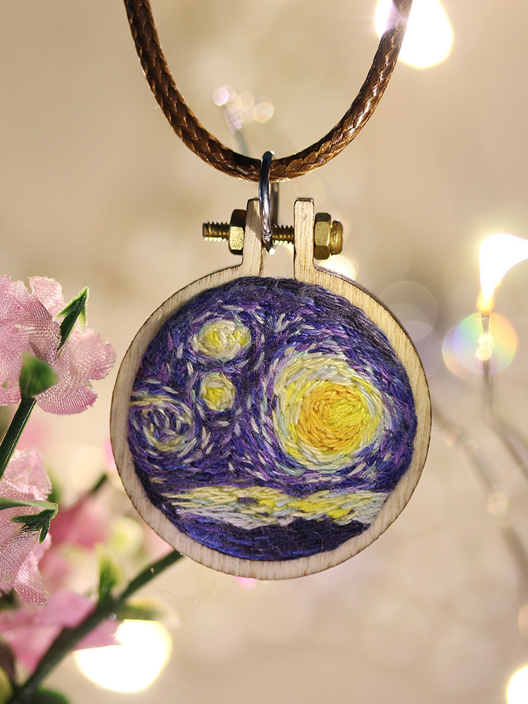 刺绣diy手工梵高星空项链制作丝带绣 成人初学材料包绣花苏绣布艺