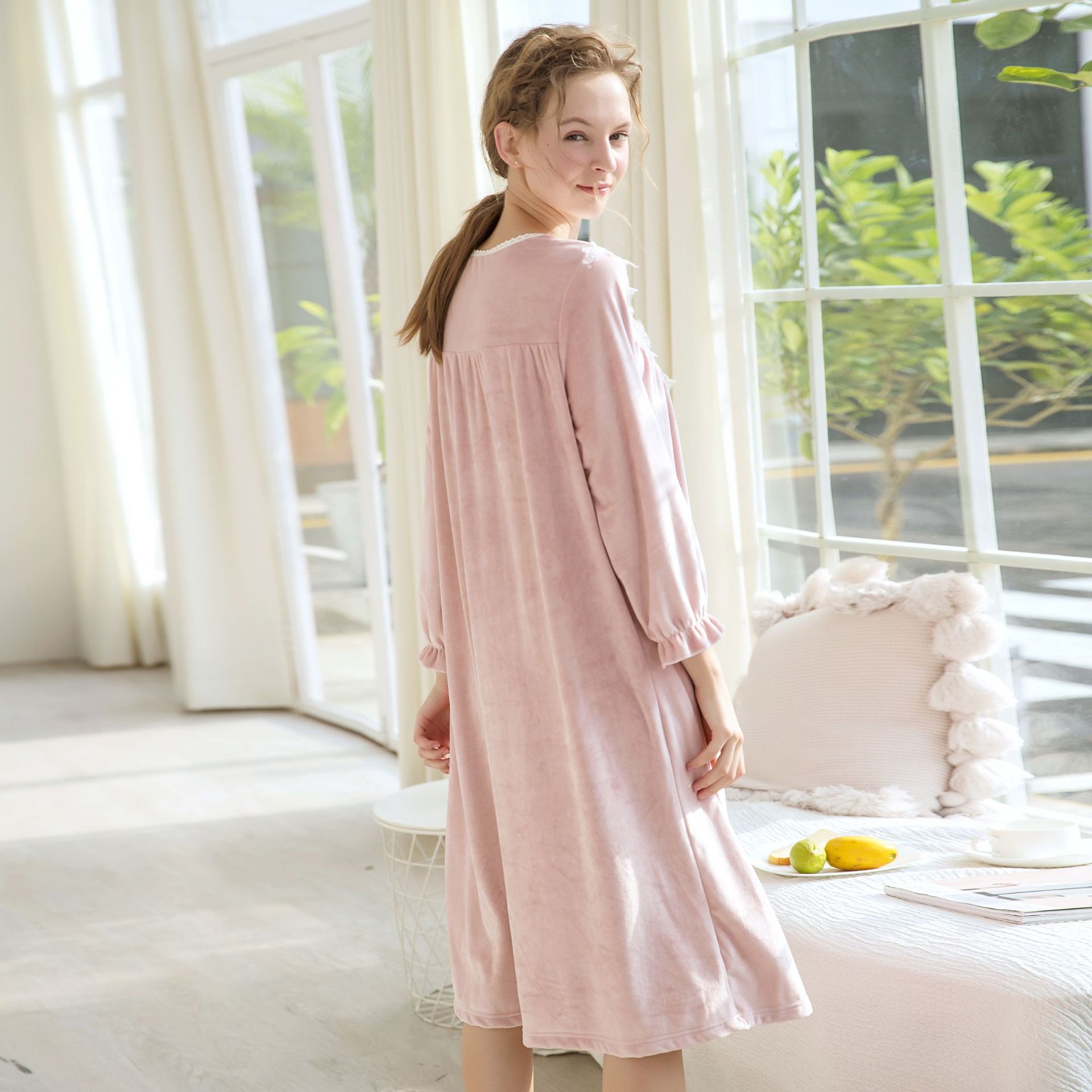 yilegend宫廷风春秋睡裙女宽松甜美韩版女士睡衣长袖 法兰绒睡裙