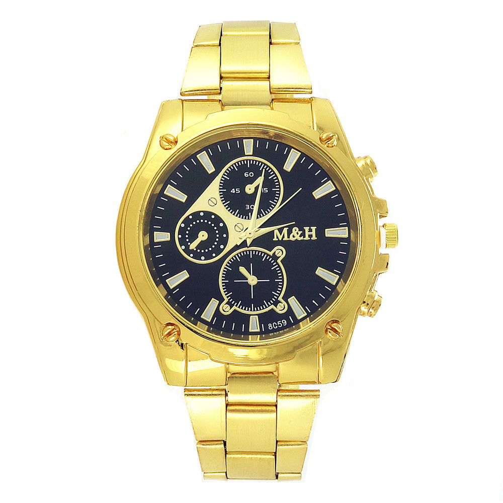 日内瓦男士金色钢带表 假三眼m h钢带金色手表石英手表现货批发