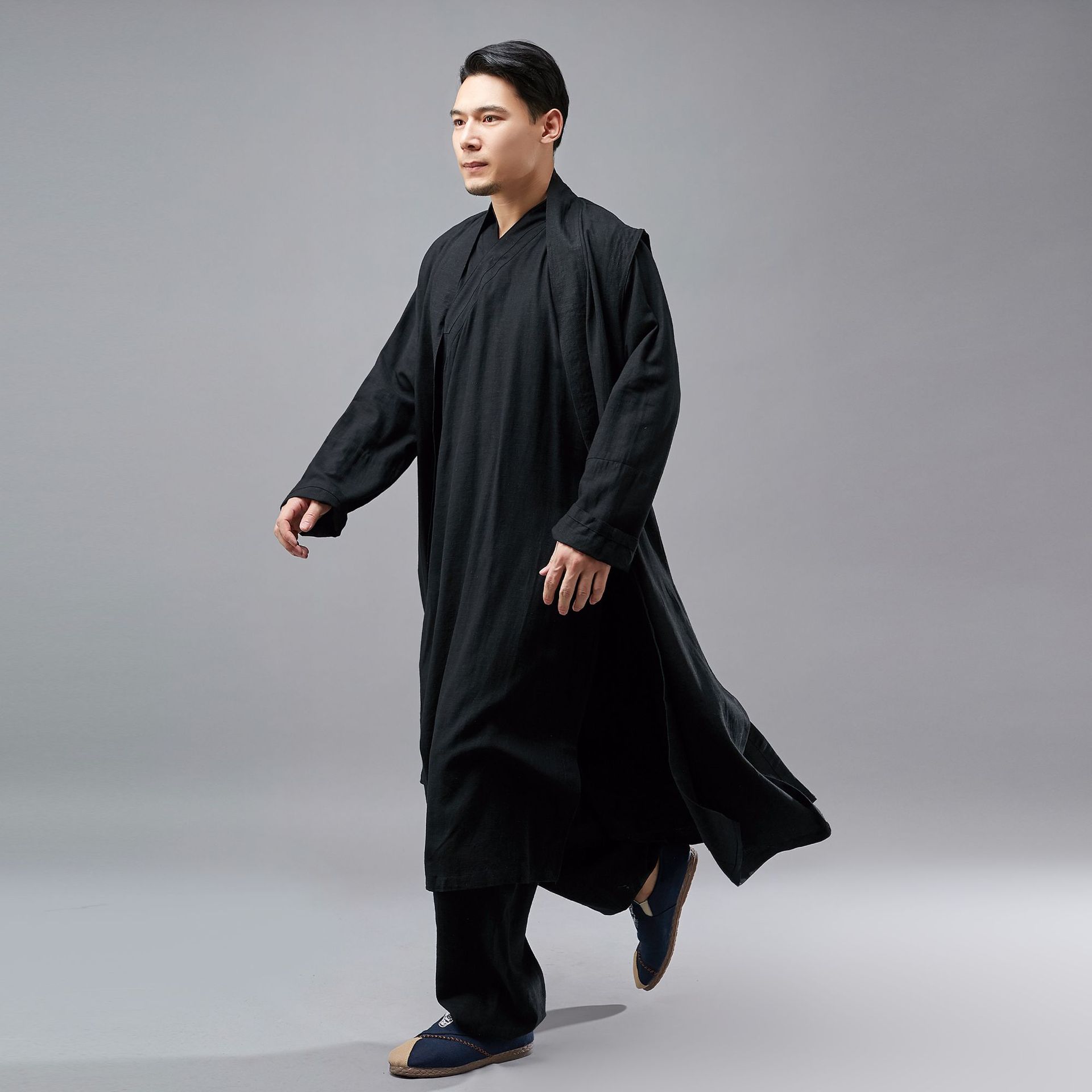 麻凡春季新款男士仙气长马褂洗水亚风男长衫罩衫休闲长马甲