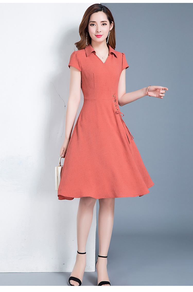 简约拼接时尚a字裙2018夏装新款翻领短袖修身显瘦纯色休闲连衣裙