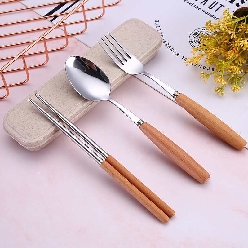 创意礼品木勺 木柄餐具三件套不锈钢刀叉勺子 便携套装 定logo