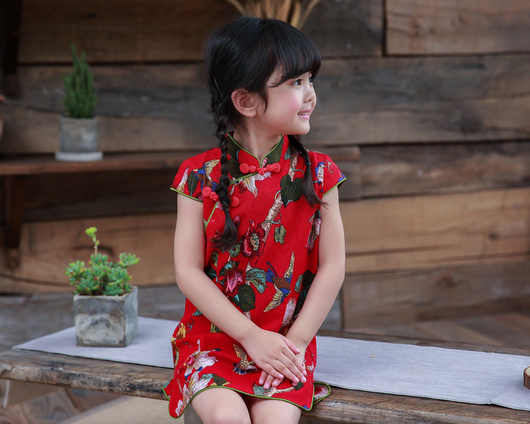 女童儿童棉麻旗袍小孩唐装中国风表演演出服六一亲子复古连衣裙女