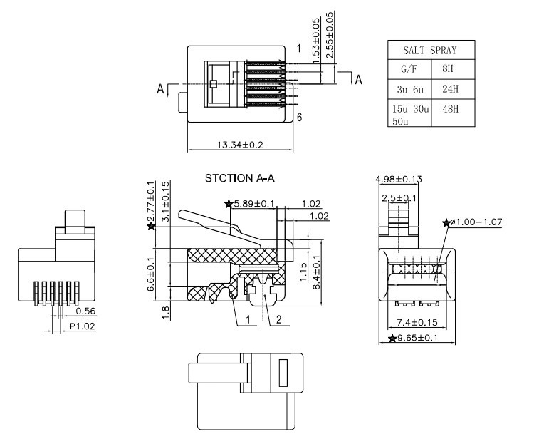 高品质rj11左扣位左歪头6p6c水晶头 弹片左偏头特殊电话线水晶头