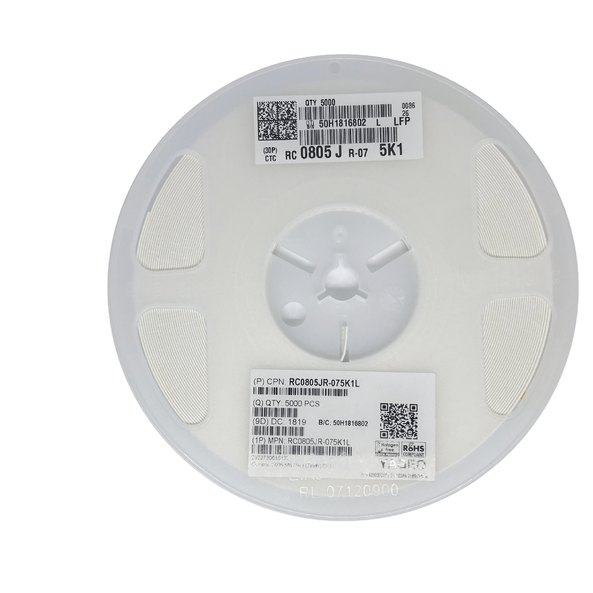 贴片电阻 rc0805jr-075k1l 0805 5k1 5.1k 512 1/8w 5%精度 原装
