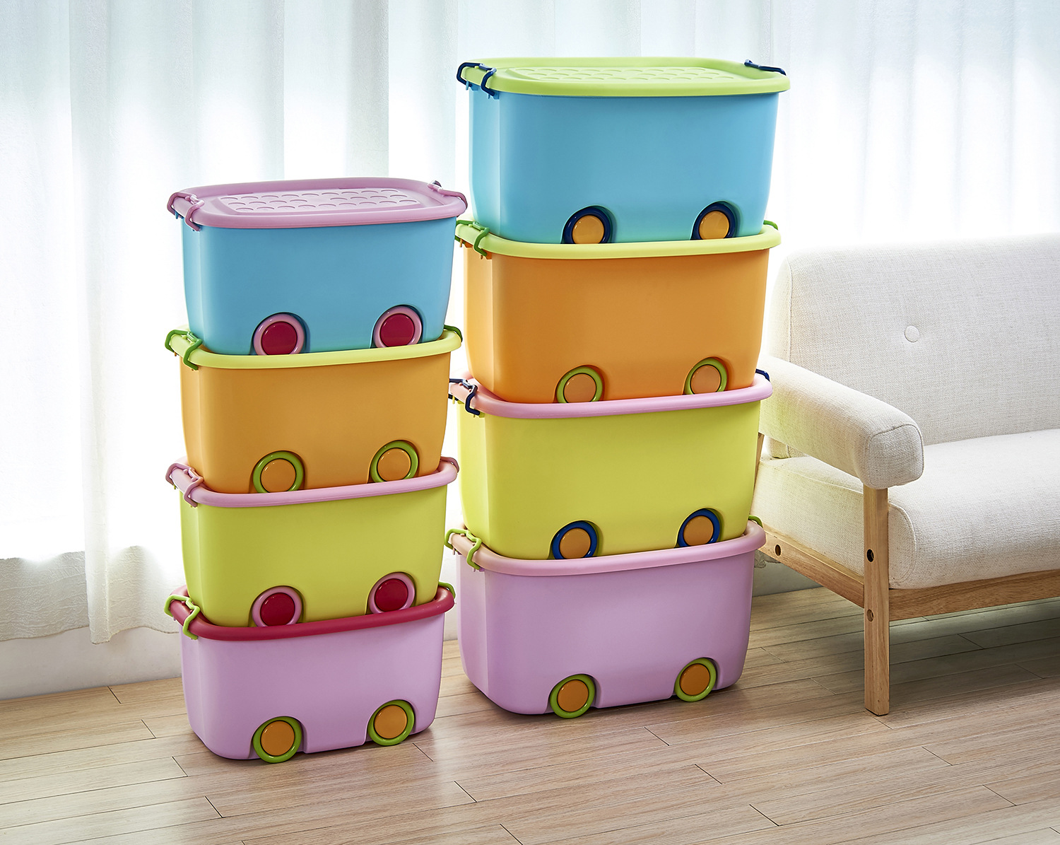 新款卡通玩具整理箱加厚塑料多色儿童收纳箱车载带轮子小号大号