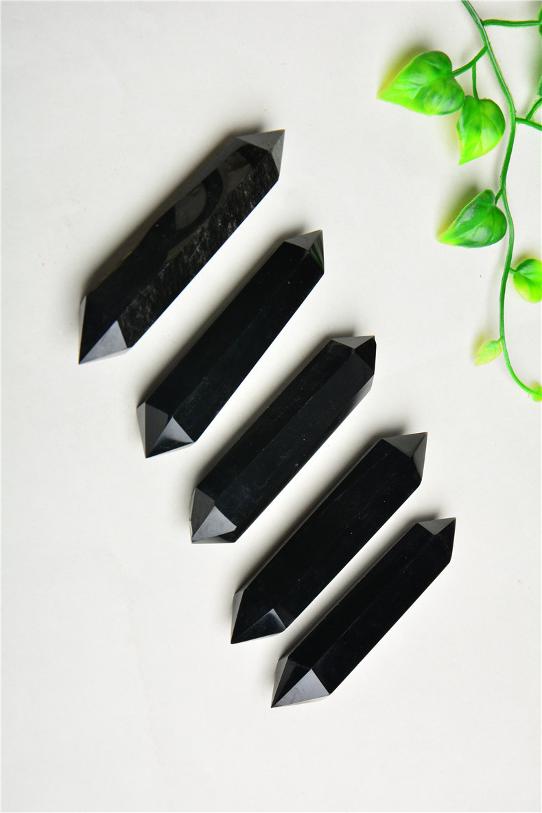 厂家订制黑曜石水晶柱黑曜石双尖柱六棱柱摆件批发