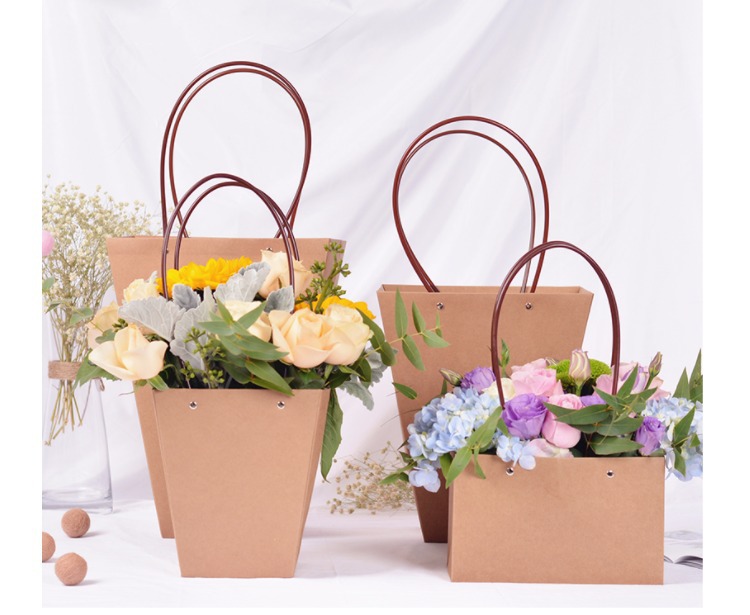 防水手提牛皮花袋 牛皮纸袋花盒花艺插花礼品袋 鲜花手拎袋花束袋