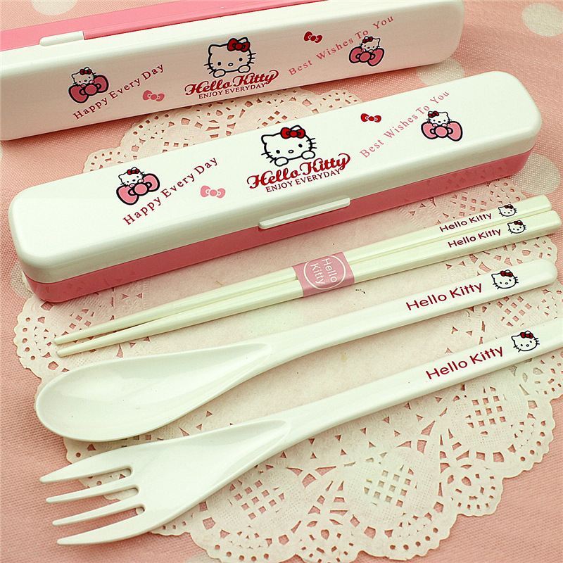 Cute Student Chopsticks Spoon Fork Set Portable Tableware Three-Piece Set with Cutlery Box Three-Piece Tableware