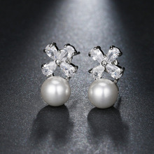 四叶花朵气质珍珠锆石耳钉百搭耳环女款小饰品厂家直销批发
