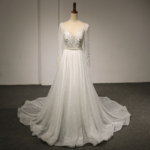 2018年新款镂空婚纱礼服 长袖拖地长裙敬酒服长款显瘦伴娘服裙女