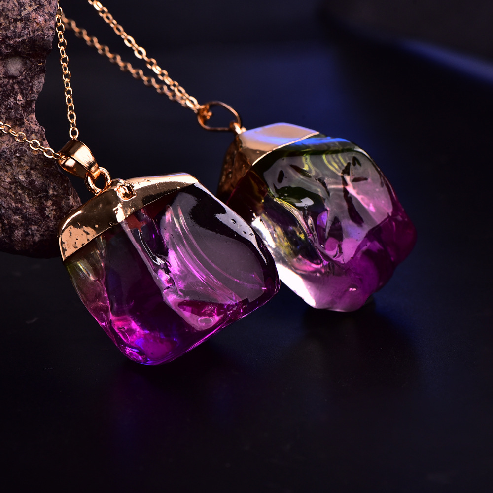 彩色天然石项链 透明多色水晶吊坠 原石天然石头链条项链颈链