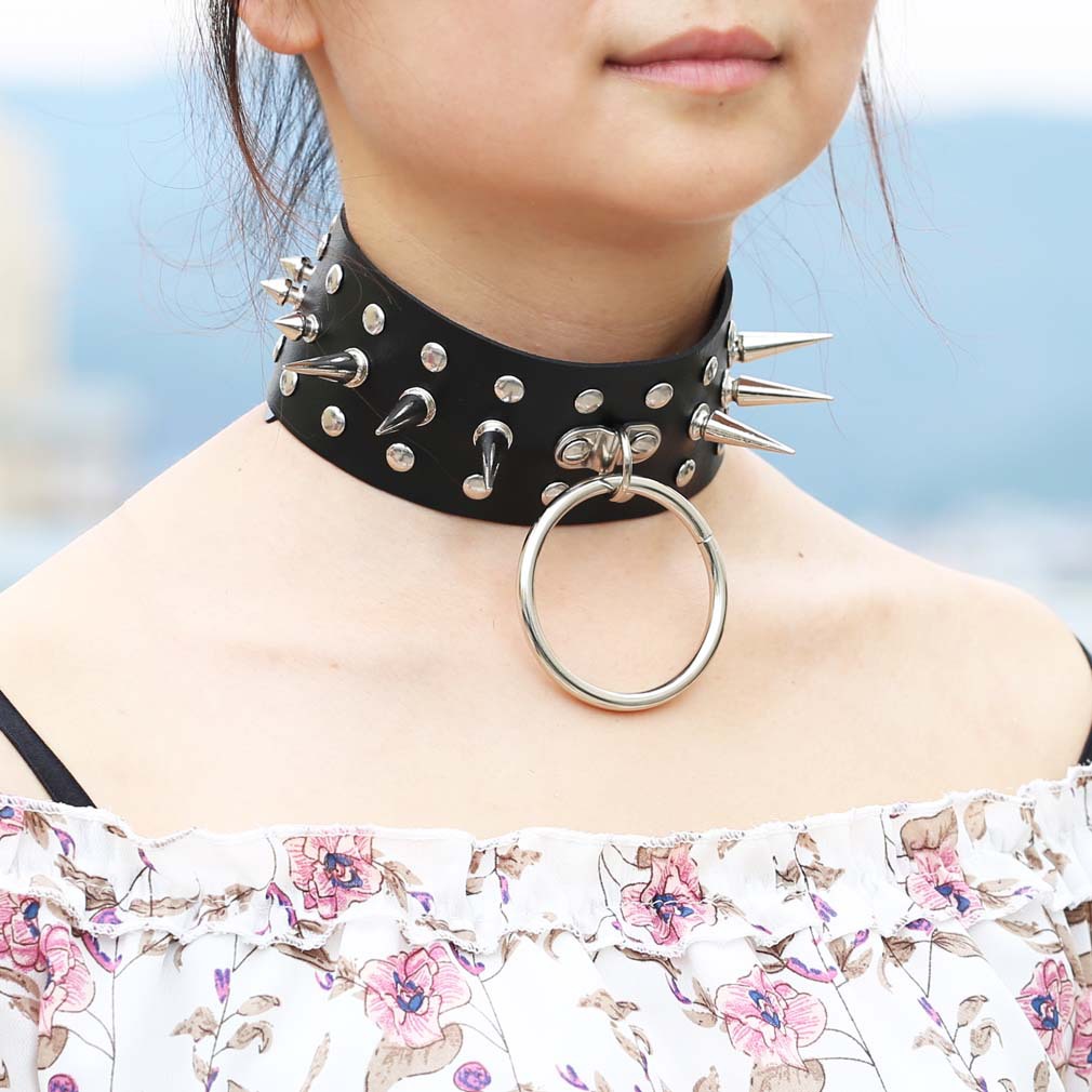 厂家热销非主流另类尖钉吊环项圈 性感束缚夸张大型颈圈颈套颈带
