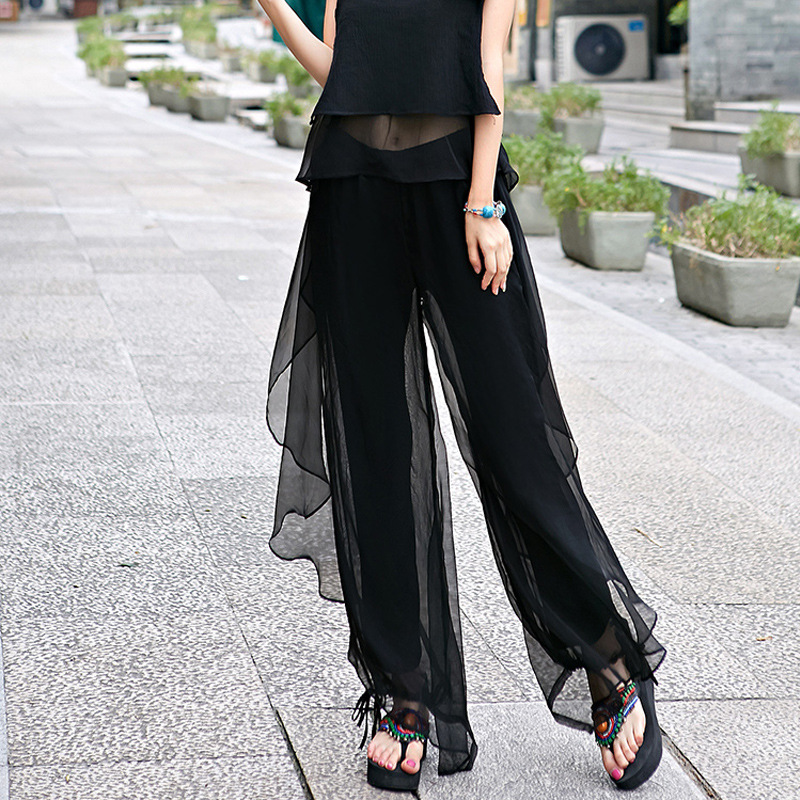 2018新款民族风阔腿裤女春夏雪纺高腰长裤宽松气质休闲裤显瘦瑜伽