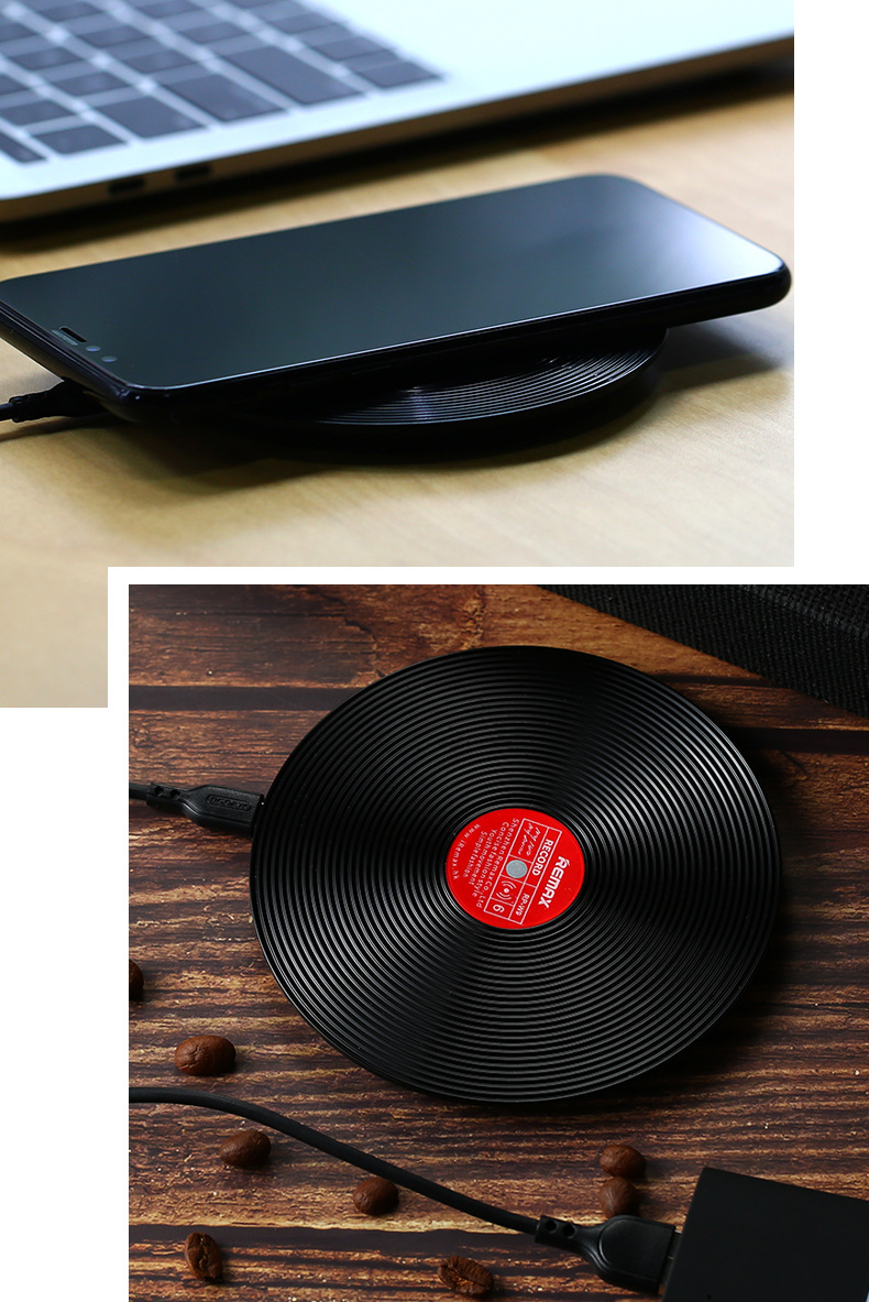 remax外贸爆款超薄黑胶唱片桌面无线充电器适用iphone x 手机快充