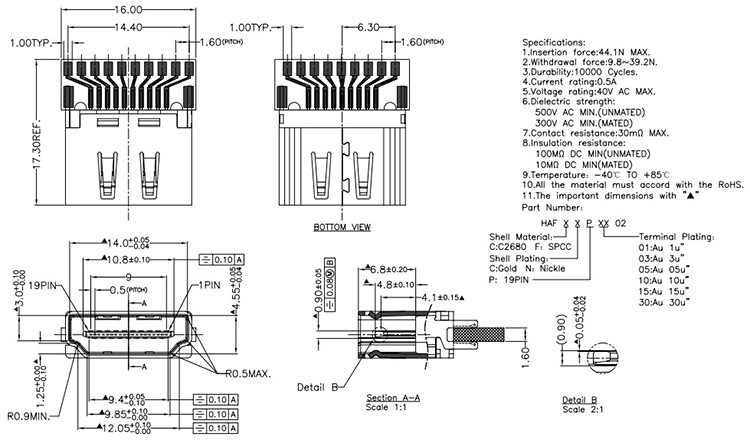 hdmi母头 连接器 a-type a型母座 夹板式带pcb板