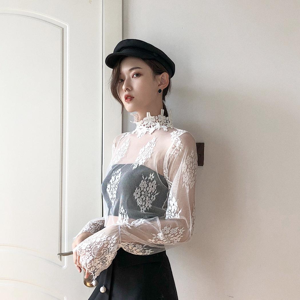 透视蕾丝花边打底衫性感镂空高领网纱喇叭袖内搭上衣女