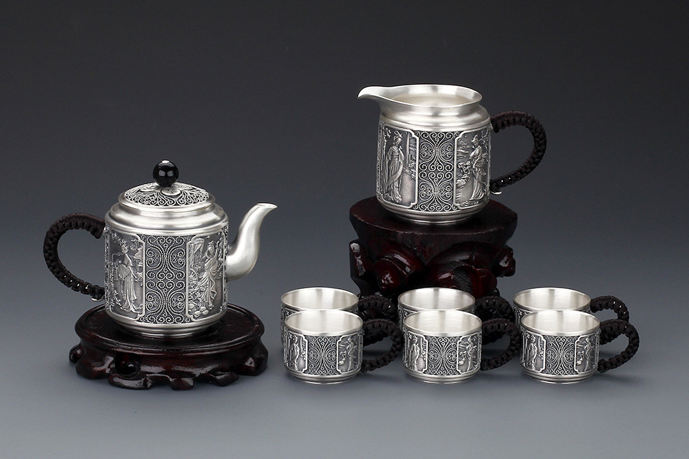 银器 银制品 银礼品 纯银999 银茶具套装 银茶 银茶杯 倒模花丝