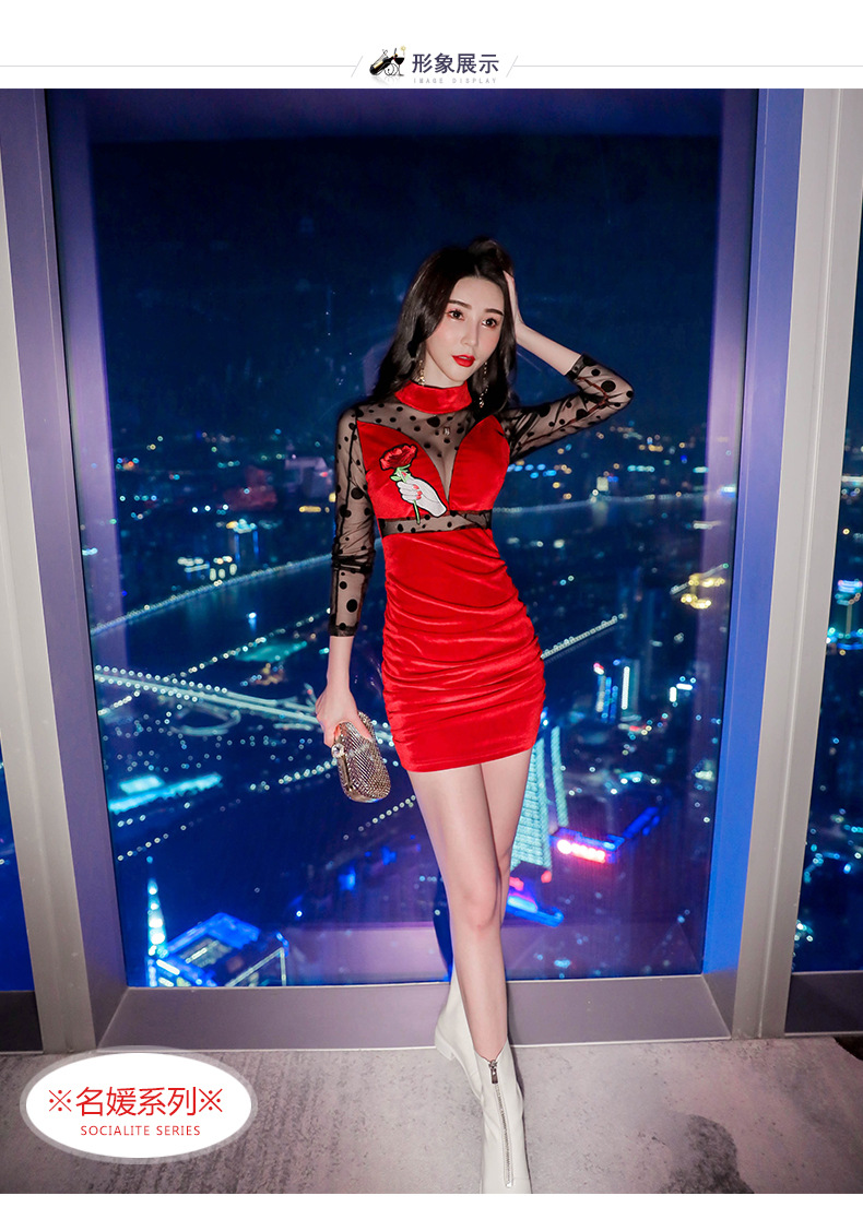 2017秋冬新款 性感夜店女装金丝绒立领镂空透视超短裙连衣裙