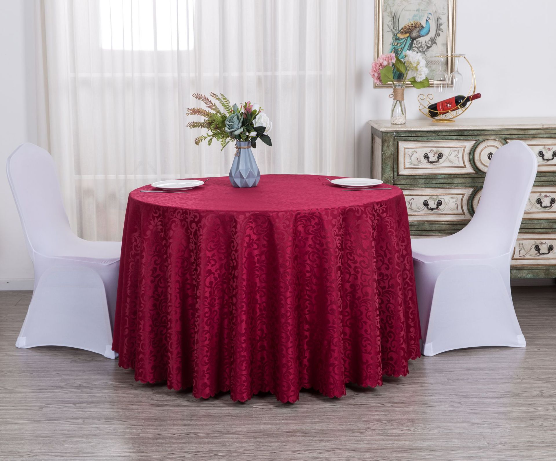 定做酒店婚宴桌布饭店餐厅圆桌提花台布红色耐磨简约居家餐桌布
