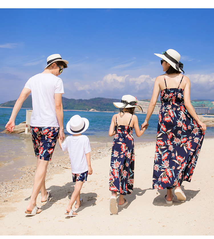亲子装夏装2021新款一家三口四口家庭装母女裙海边度假吊带连衣裙