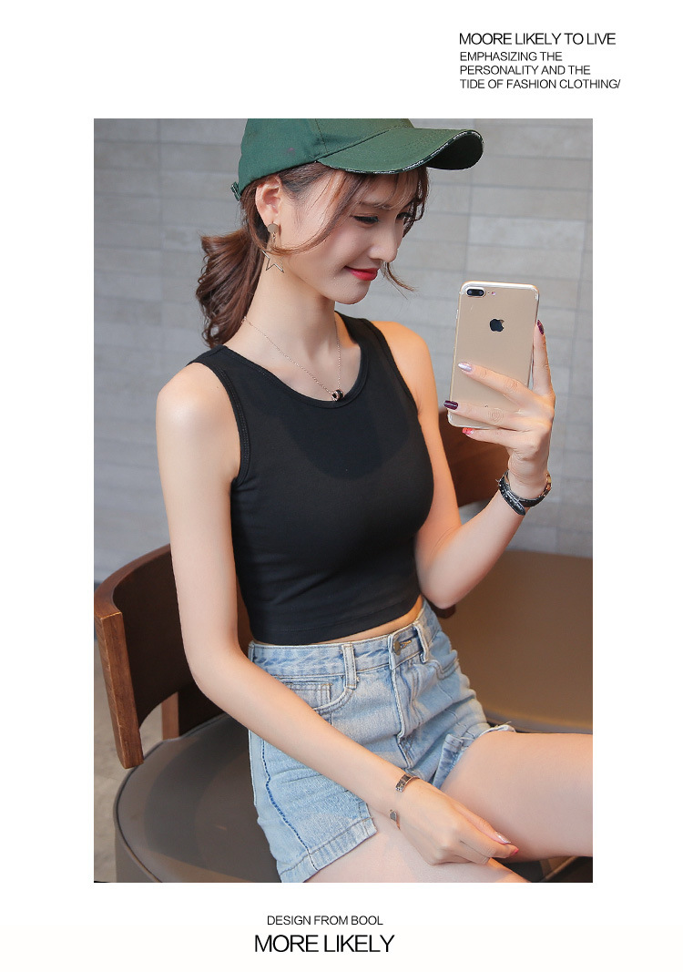 圆领高腰女t恤白色修身上衣女装露肚脐韩版性感学生女夏款背心129