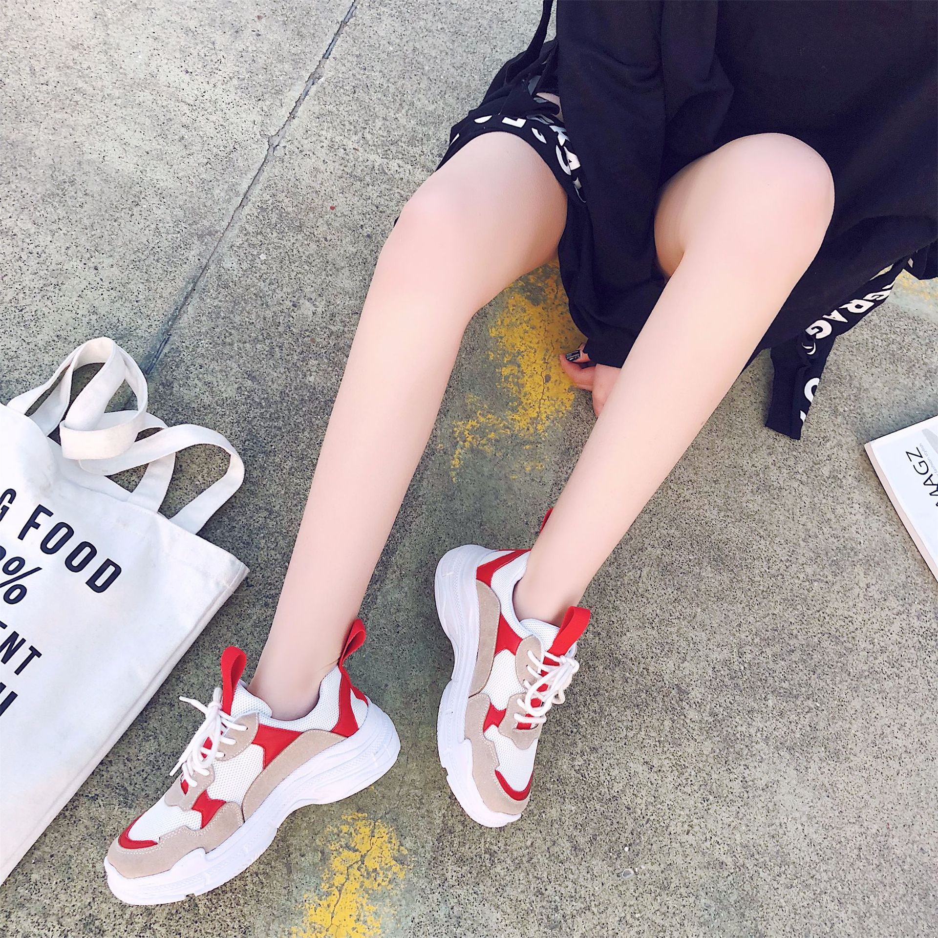 厂家直销女款复古运动鞋 拼色潮鞋 厚底韩版学生增高低帮旅游鞋