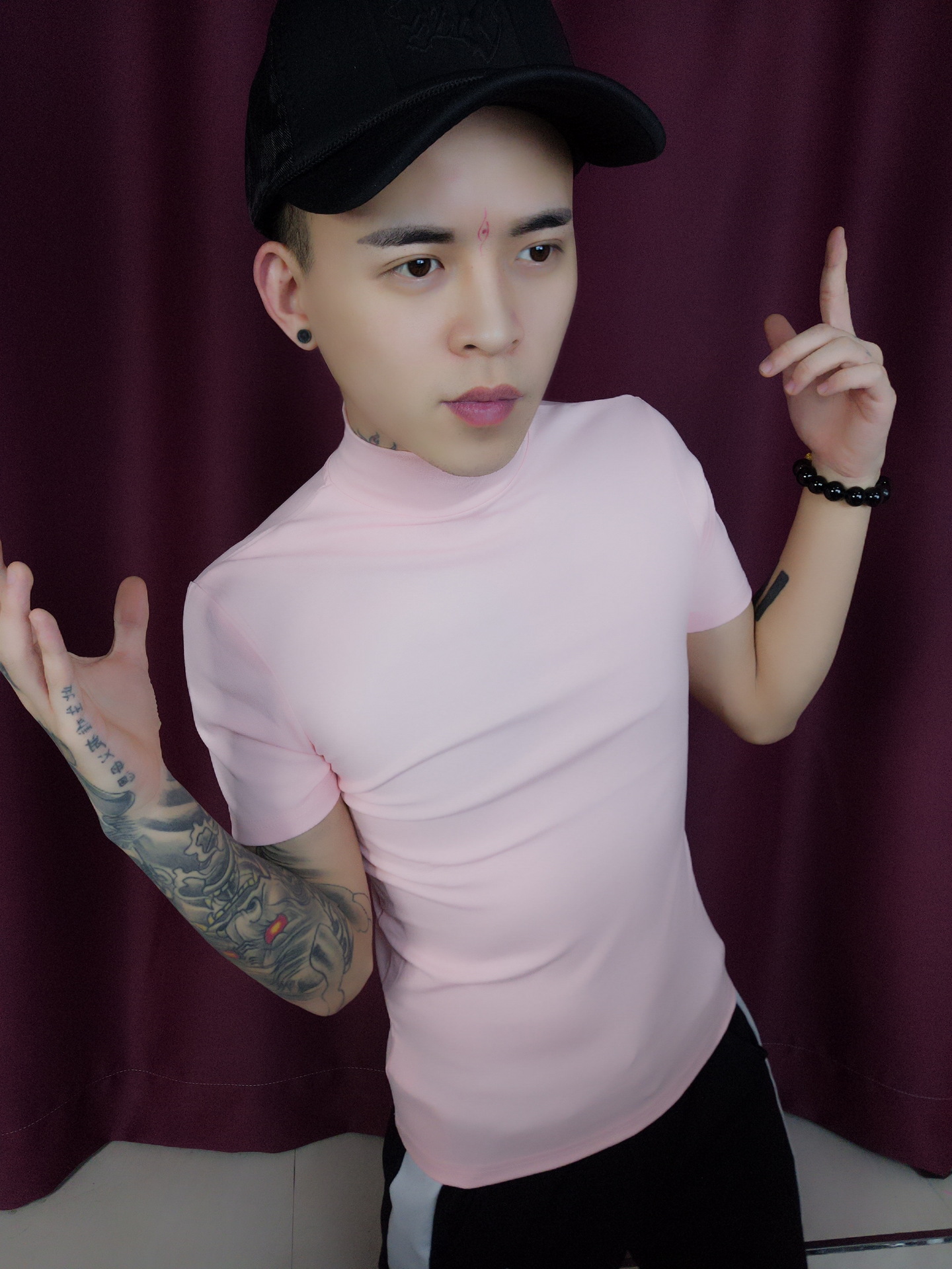 2019新款青少年男士短袖t恤社会人精神小伙修身潮流高领纯色半袖t