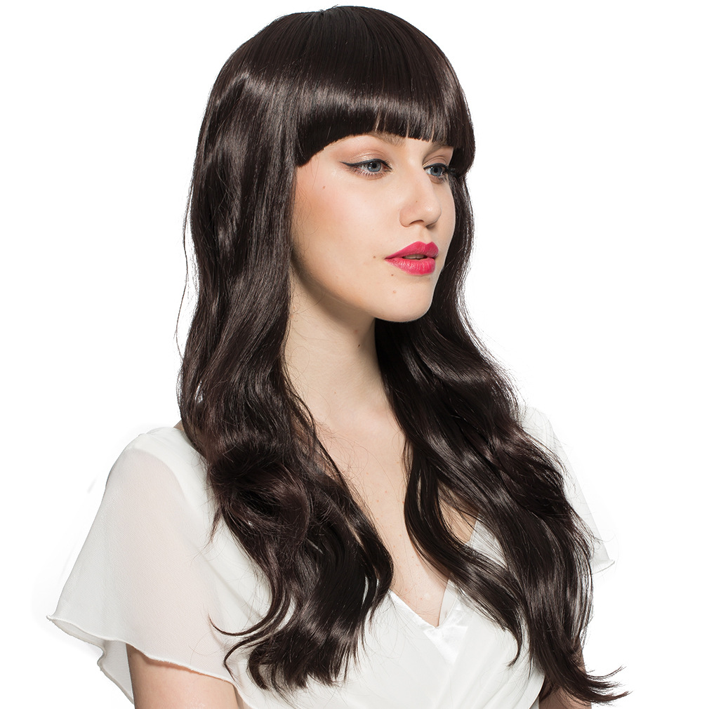 欧美假发货源时尚假发齐刘海长卷发深色假发化纤假发厂家直销