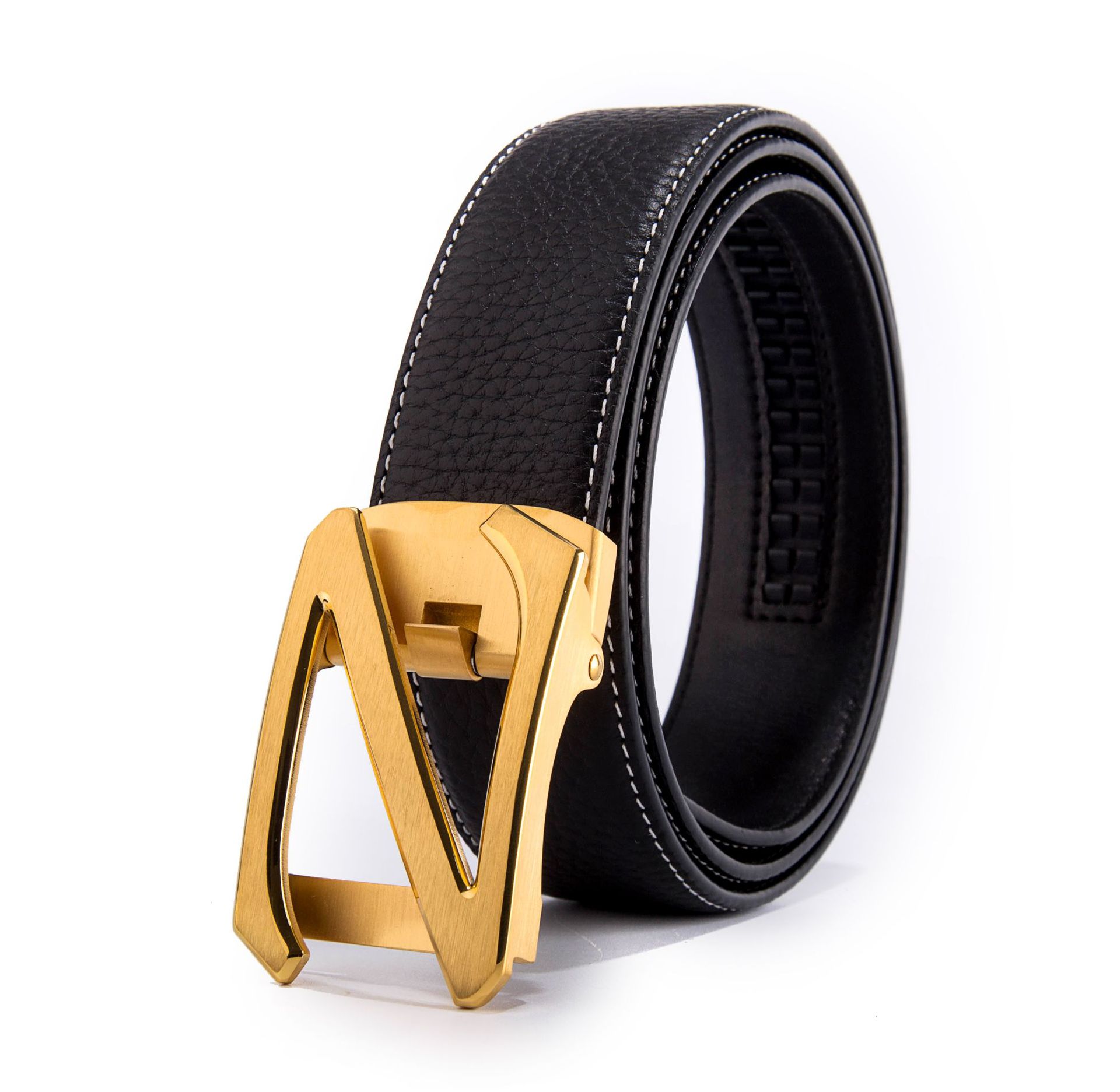 男士不锈钢扣头真皮腰带 原版荔枝纹进口头层牛皮自动扣皮带