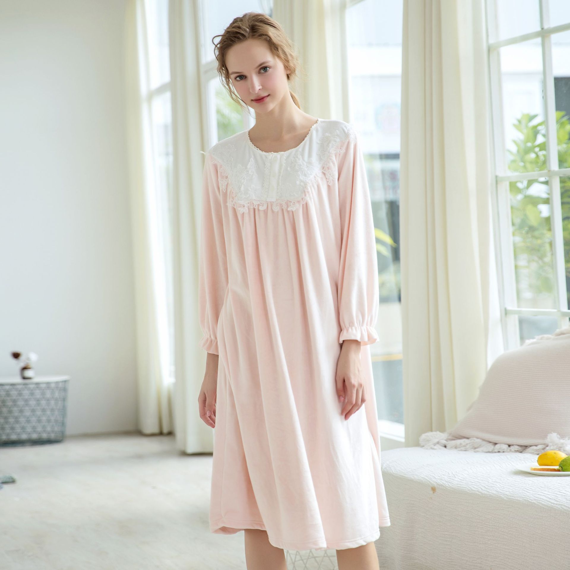 yilegend宫廷风春秋睡裙女宽松甜美韩版女士睡衣长袖 法兰绒睡裙