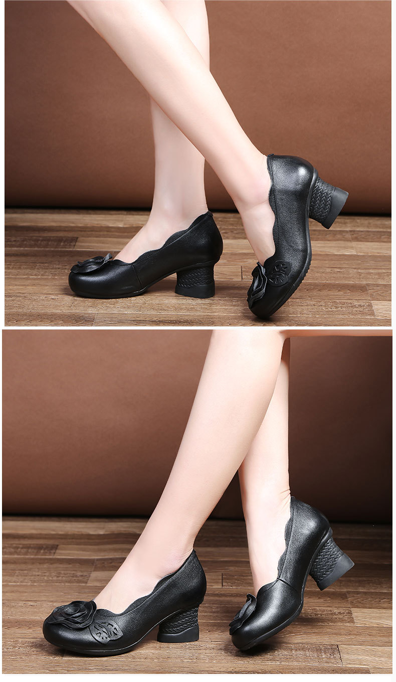 纤纤佳人2018春季新款原创手工真皮单鞋女复古牛皮粗高跟女鞋