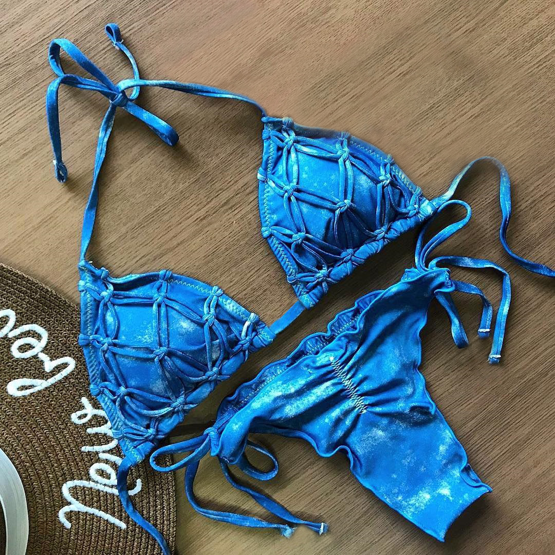 2019新款泳衣软包三角抽绳挎脖系带编绳印花泳装欧美比基尼9081