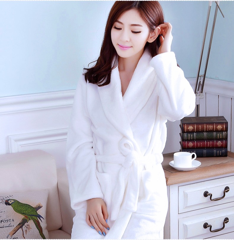 宾馆酒店白色睡袍睡衣女秋冬季加厚法兰绒长袖浴袍冬珊瑚绒家居服