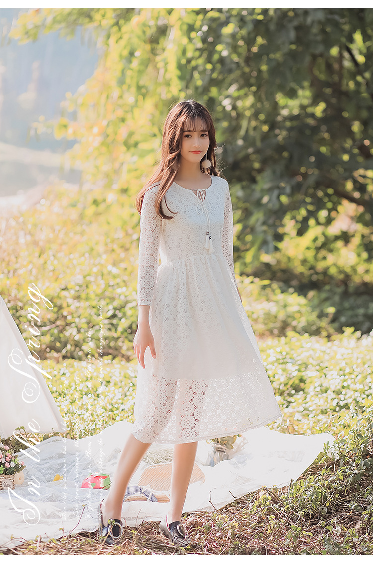 韩版蕾丝长裙2018实拍春新款v领荷叶袖白色a字蕾丝花朵连衣裙女仙