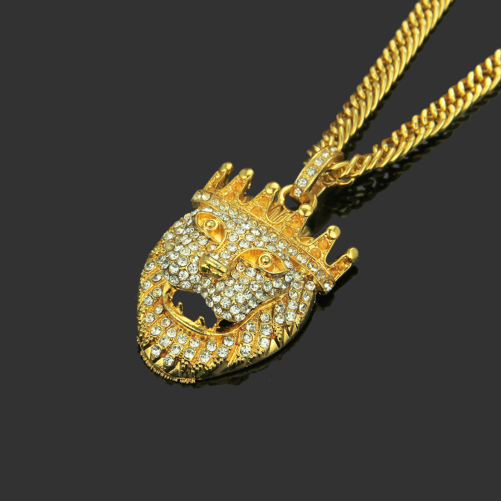 ebay跨境新款配饰 嘻哈满钻皇冠狮子头项链 欧美时尚男士吊坠