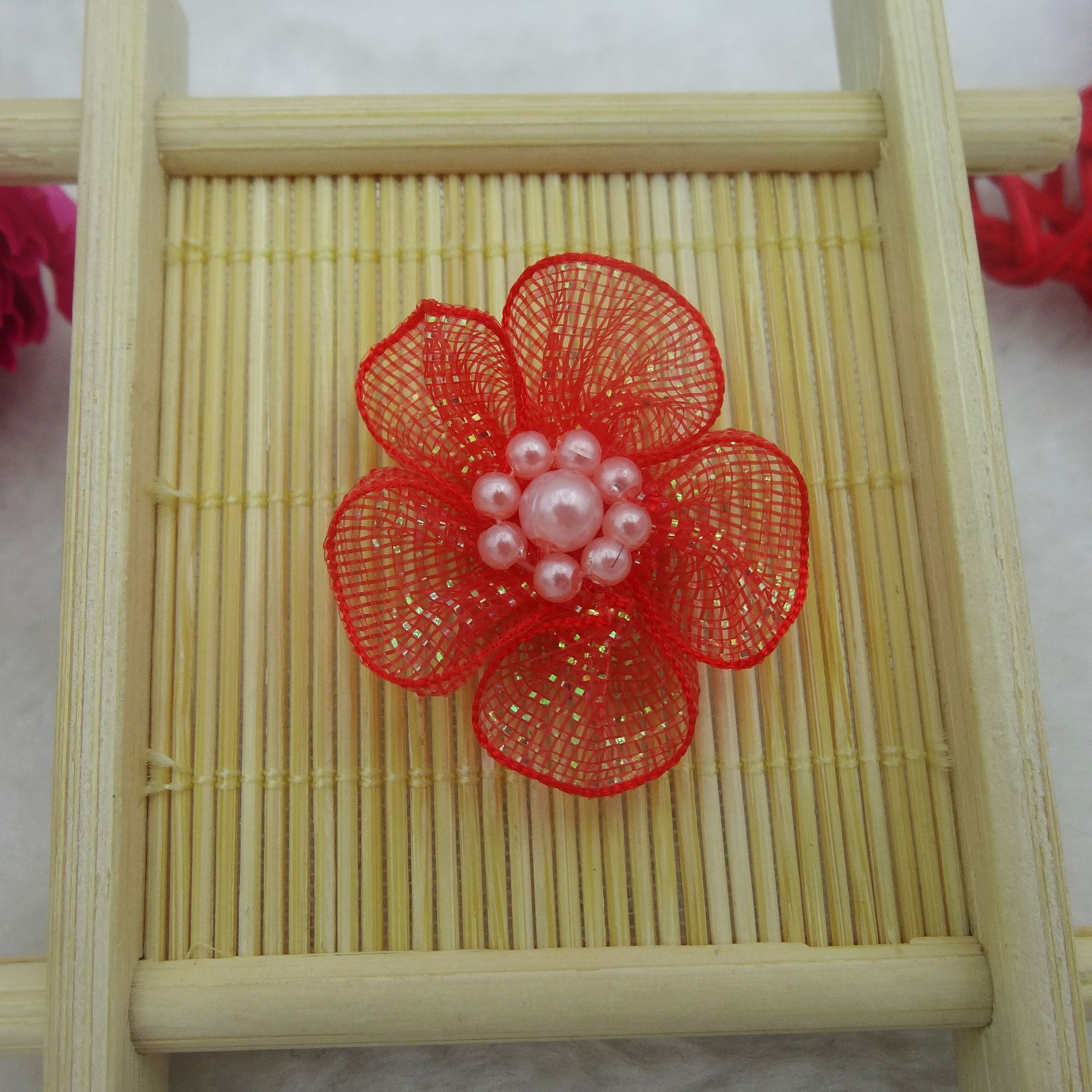 亮丝小珠子手工缝 3cm五瓣小花七彩亮丝纱绸花瓣服装配饰饰品辅料