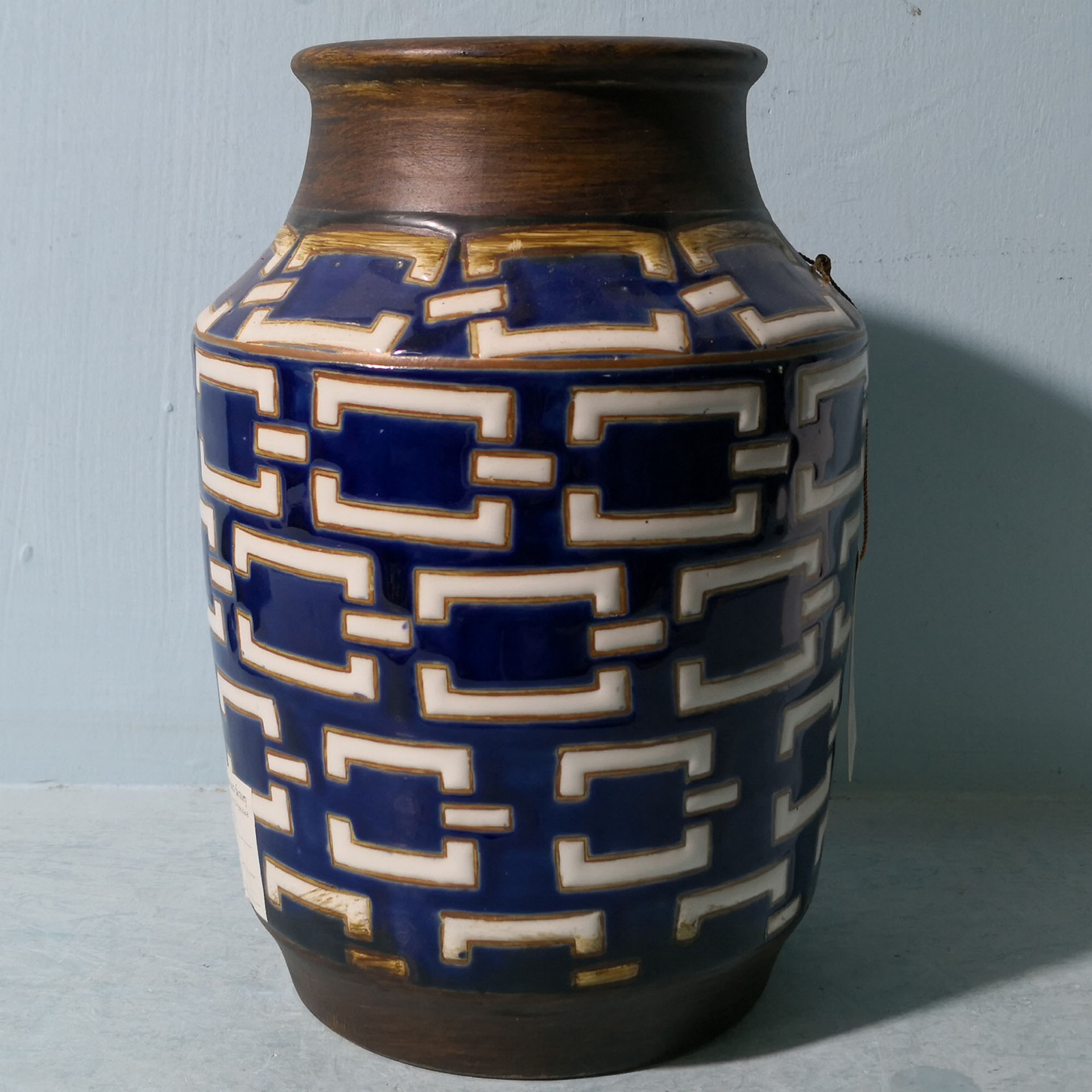 10"宽口花瓶釉下手绘几何图案高温陶瓷水培植物收纳容器fy15a111