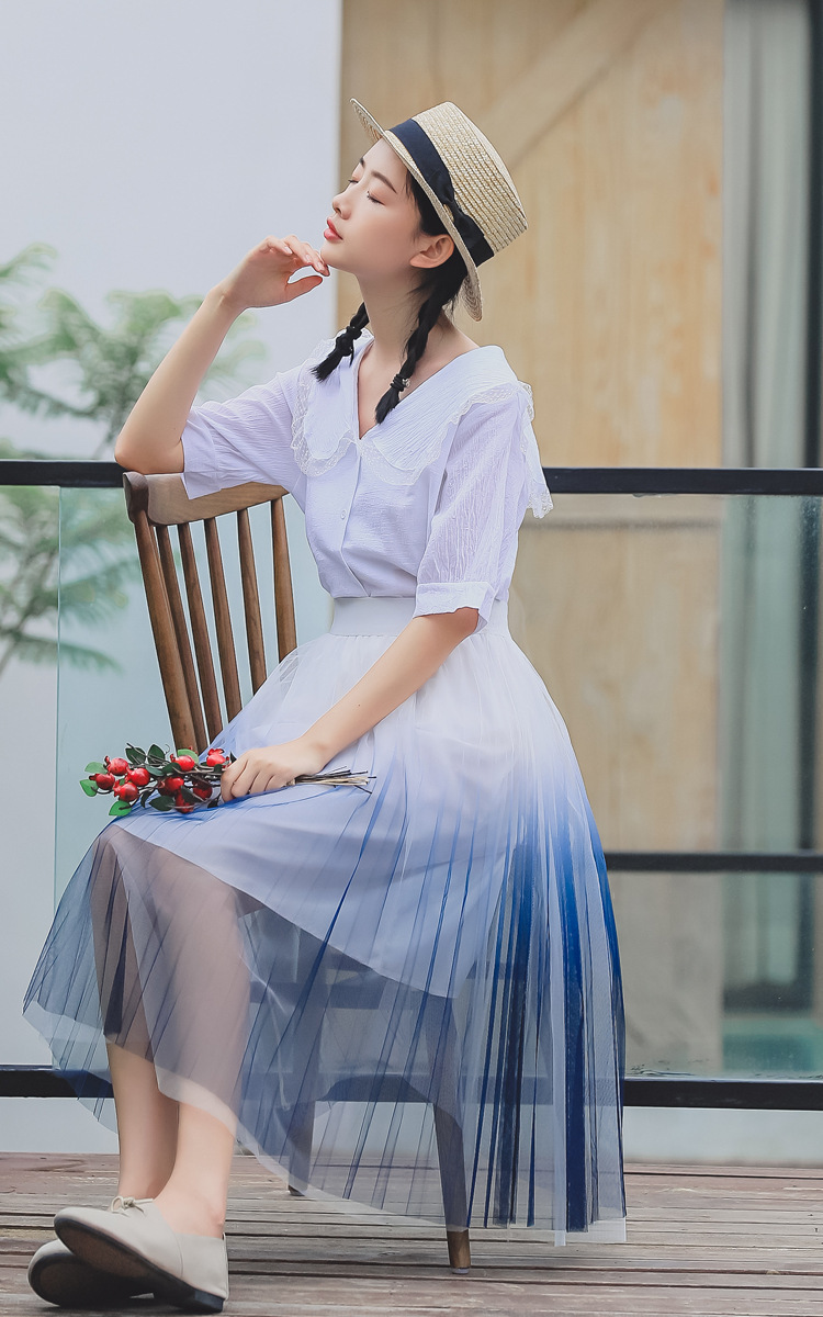 6344#2018夏季新款韩版时尚百搭高腰唯美渐变网纱半身裙a字裙女潮