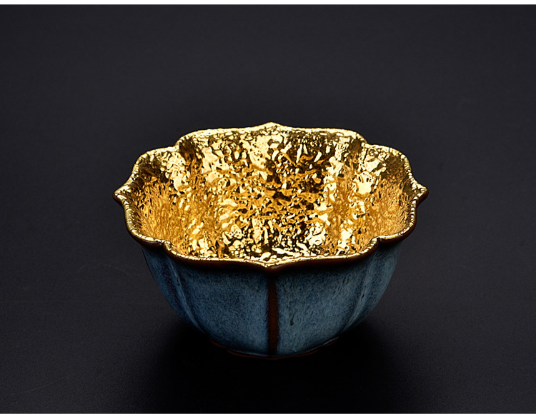 黄金盏陶瓷鎏金茶杯纯手工纯24k金主人杯单杯品茗杯 钧瓷窑变金杯