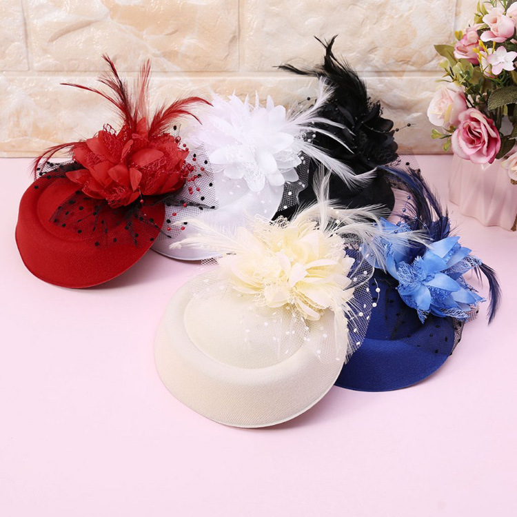 Retro Faux Wool Top Hat Pearl Feather Flower Barrettes Black Dots Large Veil Headdress