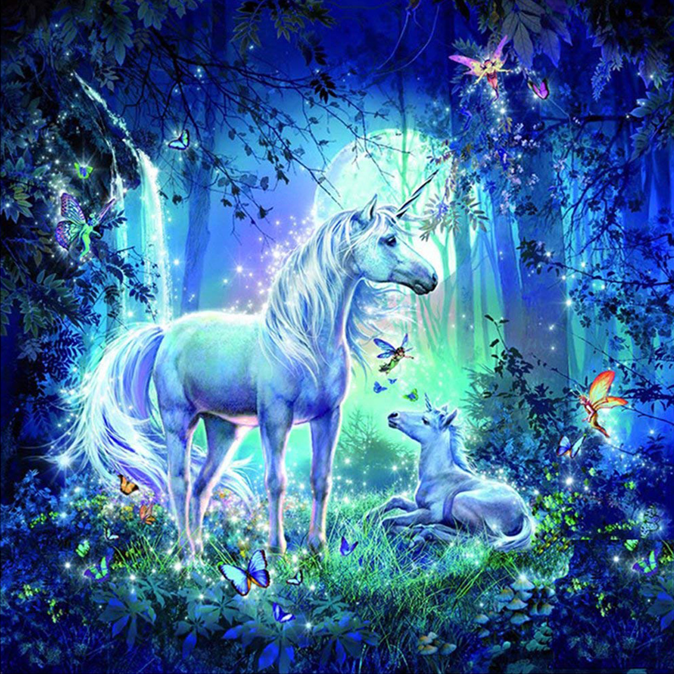 森林里的母子独角兽 蝴蝶精灵梦幻钻石画