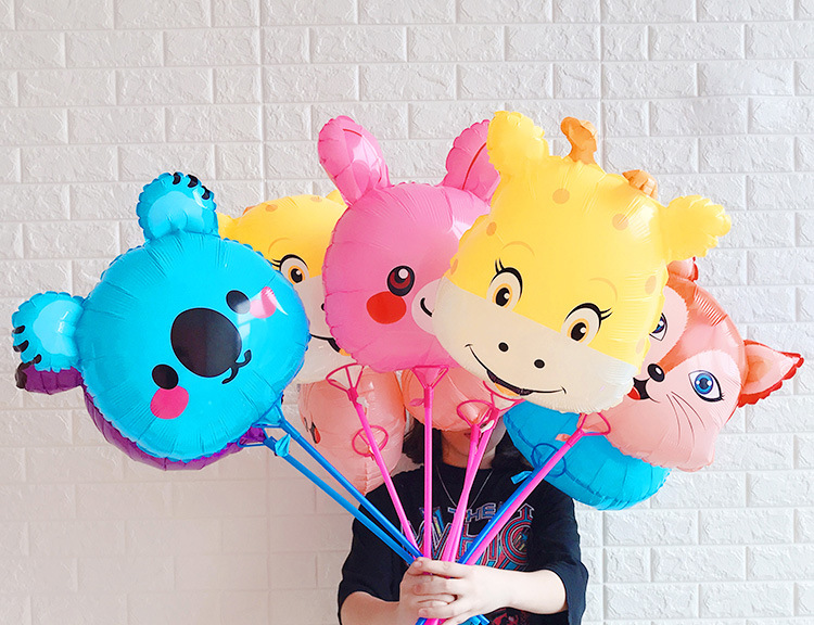 厂家直销 18寸卡通动物铝膜气球 微商地推扫码小礼品托杆铝箔气球