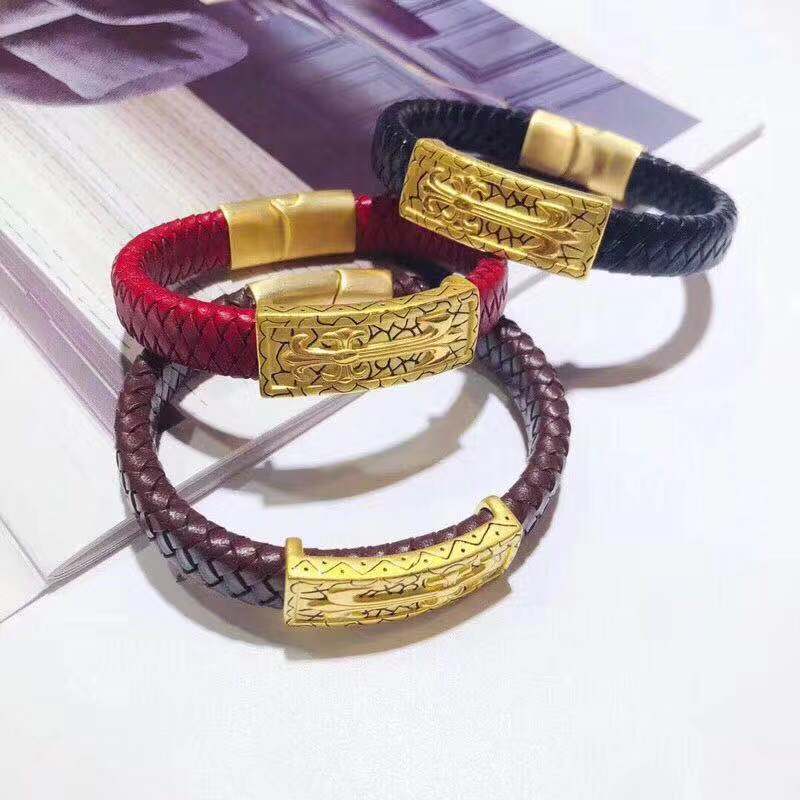 黄金首饰999足金蝙蝠金万福手牌黄金手链男24k纯金皮绳手环