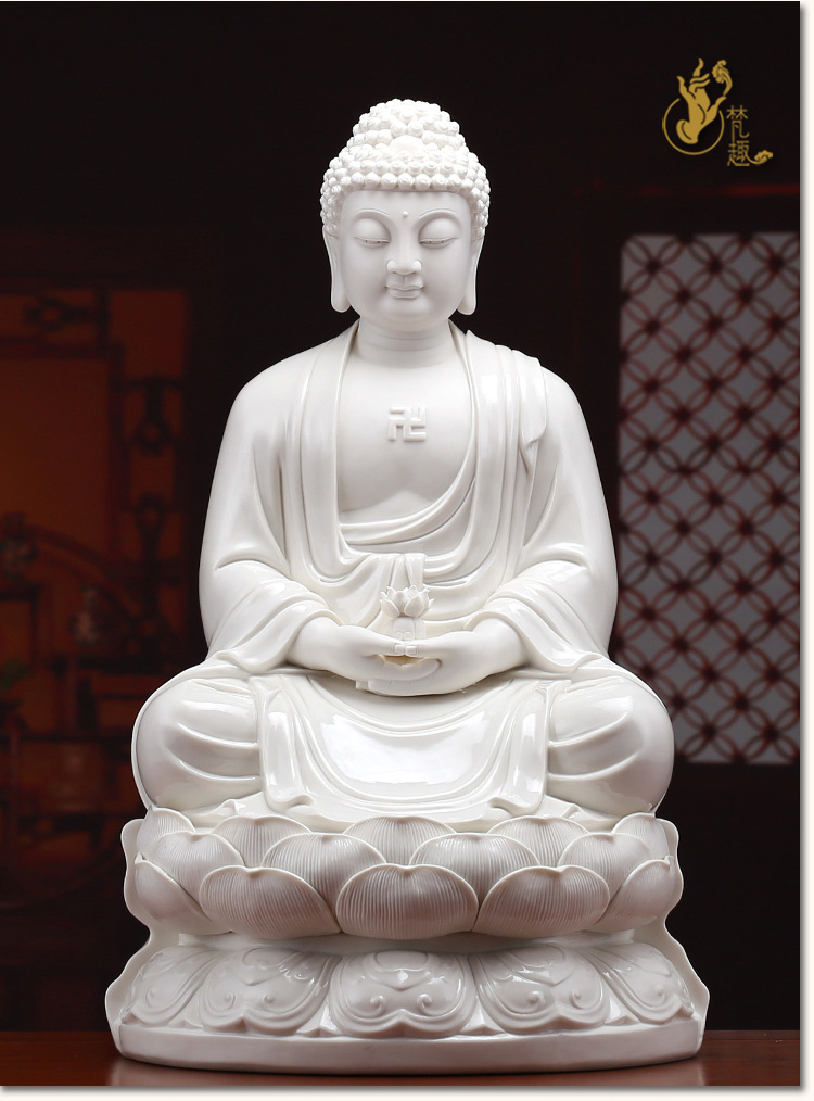 坐莲释迦牟尼佛德化白瓷彩绘如来佛祖供奉摆件药师佛阿弥陀佛佛像
