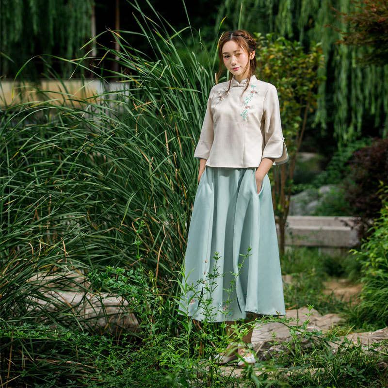 汉服女改良中国风 学生复古民国风女装两件套 装连衣裙茶服夏